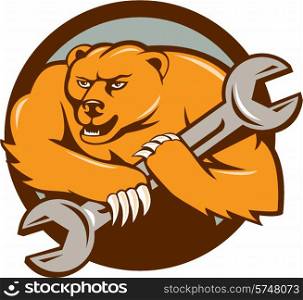 Illustration of a grizzly bear plumber running holding spanner on shoulder set inside circle on isolated background done in cartoon style. . Grizzly Bear Mechanic Spanner Circle Cartoon