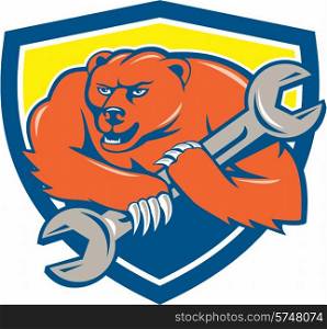 Illustration of a grizzly bear plumber running holding spanner on shoulder set inside shield crest on isolated background done in cartoon style. . Grizzly Bear Mechanic Spanner Shield Cartoon