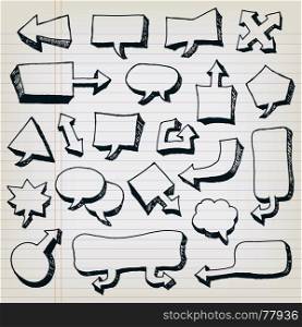 Illustration of a group of cartoon and fancy hand drawn sketched speech bubble signs elements with arrows on school paper with horizontal stripes. Doodle Cartoon Speech Bubbles Set