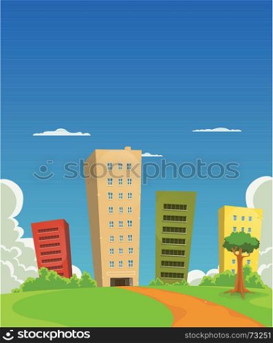 Illustration of a group of cartoon residential and office building tower. Apartments And Offices Building