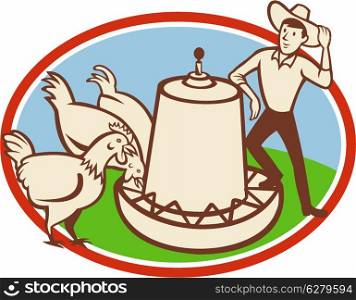 Illustration of a group of hen chicken feeding on feeder bowl with male farmer set inside oval done in cartoon style.. Chicken Farmer Feeder Cartoon
