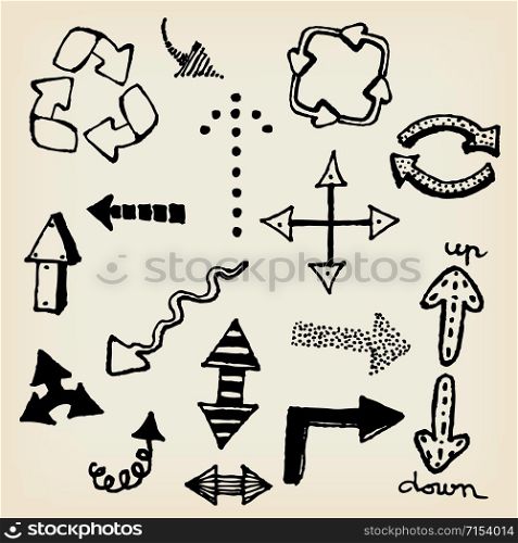 Illustration of a group of outlined hand drawn sketched black arrows and signs on vintage background paper. Hand Drawn Doodle Arrows Set
