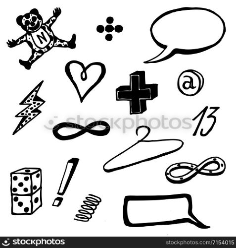 Illustration of a group of outlined hand drawn sketched icons, objects, symbols, signs and speech bubbles, isolated on white background