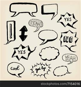 Illustration of a group of outlined hand drawn sketched speech bubbles elements, arrows, signs on vintage paper. Hand Drawn Speech Bubbles Set