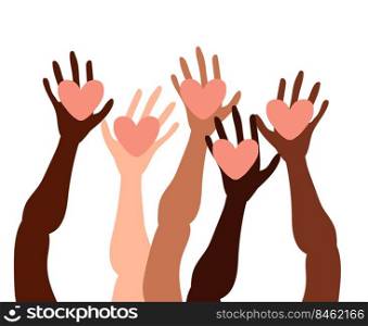 Illustration of a group of people s hands with different skin color together holding a heart. Diverse crowd, race equality, communication vector art in minimal flat style.. Illustration of a group of people s hands with different skin color together.