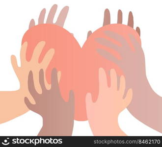 Illustration of a group of people s hands with different skin color together holding a heart. Diverse crowd, race equality, communication vector art in minimal flat style.. Illustration of a group of people s hands with different skin color together.