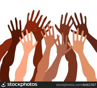 Illustration of a group of people s hands with different skin color together. Diverse crowd, race equality, communication vector art in minimal flat style.. Illustration of a group of people s hands with different skin color together.