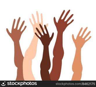 Illustration of a group of people s hands with different skin color together. Diverse crowd, race equality, communication vector art in minimal flat style.. Illustration of a group of people s hands with different skin color together.
