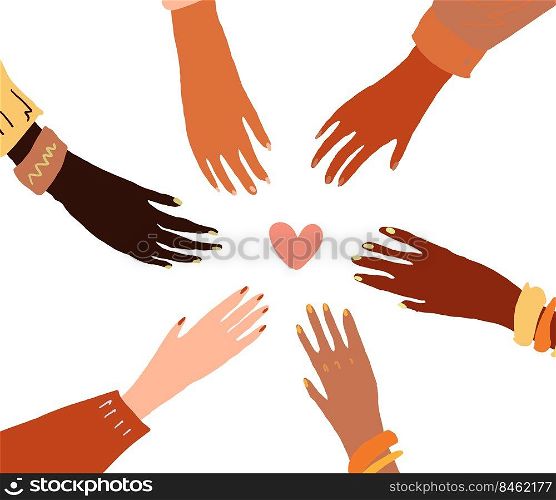 Illustration of a group of people s hands with different skin color together. Diverse crowd, race equality, communication vector art in minimal flat style.. llustration of a people s hands with different skin color together