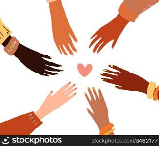 Illustration of a group of people s hands with different skin color together. Diverse crowd, race equality, communication vector art in minimal flat style.. llustration of a people s hands with different skin color together
