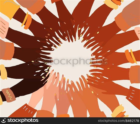 Illustration of a group of people s hands with different skin color together. Diverse crowd, race equality, communication vector art in minimal flat style.. Illustration of a group of people s hands with different skin color together. Diverse crowd, race equality, communication vector art