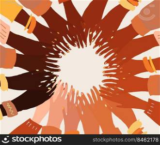 Illustration of a group of people s hands with different skin color together. Diverse crowd, race equality, communication vector art in minimal flat style.. Illustration of a group of people s hands with different skin color together. Diverse crowd, race equality, communication vector art