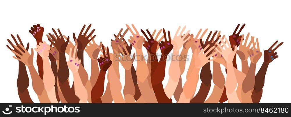 Illustration of a group of people s hands with different skin color together. Diverse crowd, race equality, feminism, tolerance vector art in minimal flat style.. Illustration of a group of people s hands with different skin color together.