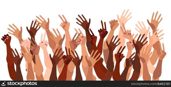 Illustration of a group of people s hands with different skin color together. Diverse crowd, race equality, feminism, tolerance vector art in minimal flat style.. Illustration of a group of people s hands with different skin color together.