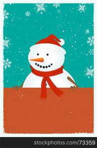 Illustration of a grungy chritsmas poster with snowman and santa claus hat. Santa Snowman