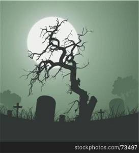 Illustration of a halloween frightening weird dead tree inside graveyard with tombstones and a full moon in the background. Halloween Spooky Dead Tree In Graveyard