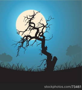 Illustration of a halloween frightening weirdly shaped dead tree inside garden landscape with full moon in the background. Dead Tree Silhouette In The Moonlight