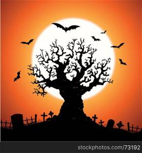 Illustration of a halloween frightening wicked tree with evil eyes, graveyard, tombstones and bats flying around. Halloween Tree