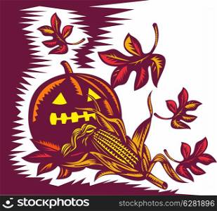 Illustration of a Halloween jack o lantern pumpkin with corn and falling maple leaves done in retro woodcut style.. Halloween jack o lantern pumpkin with corn