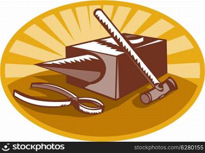 illustration of a hammer pliers and anvil done in retro style woodcut style set inside oval with sunburst.. hammer pliers and anvil retro style