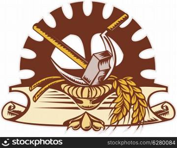 illustration of a hammer ,sickle, wheat and mechanical gear in background with scroll on isolated white background done in retro woodcut style.