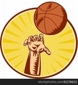 illustration of a hand catching ,throwing and rebounding basketball ball done in retro woodcut style set inside circle with sunburst in background.&#xA;