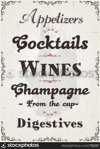 Illustration of a hand drawn french parisian retro drinks and beverage restaurant placard, including cocktails, appetizer, wine, elegant floral patterns and ornaments. French Restaurant Alcohols And Beverage Background