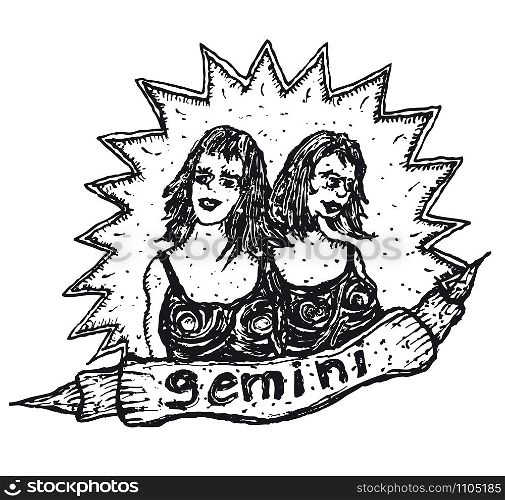 Illustration of a hand drawn Gemini horoscope sign with banner. Hand drawn Gemini horoscope sign with banner