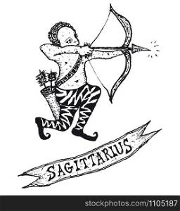 Illustration of a hand drawn Sagittarius horoscope sign with banner. Hand drawn Sagittarius horoscope sign with banner