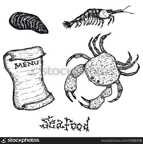 Illustration of a hand drawn set of seafood and blank paper menu, with crab, shrimp and shell. Seafood and blank paper menu set