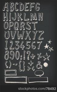 Illustration of a hand drawn sketched and doodled ABC alphabet letters and numbers with font characters, also with orthographic symbols and punctuation marks, speech bubbles and frame on chalkboard background. Doodle Complete Alphabet Set On Chalkboard