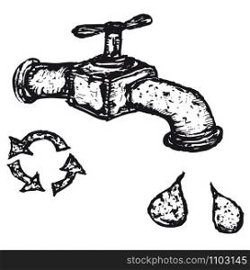 Illustration of a hand drawn tap with drops of water and recyclable logo. Hand drawn tap with drops of water