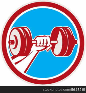 Illustration of a hand fist lifting dumbbell weight training viewed from the front set inside circle done in retro style.. Hand Lifting Dumbbell Front Circle Retro