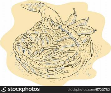 illustration of a hand holding a basket full of crop fruit vegetable harvest.. Hand holding basket full harvest crops