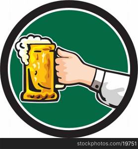 Illustration of a hand holding a mug of beer viewed from the side set inside circle on isolated background done in retro style.