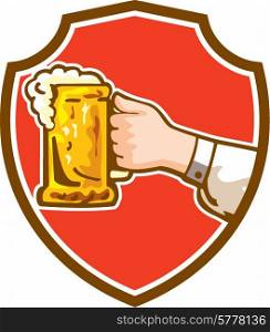 Illustration of a hand holding a mug of beer viewed from the side set inside shield crest on isolated background done in retro style.