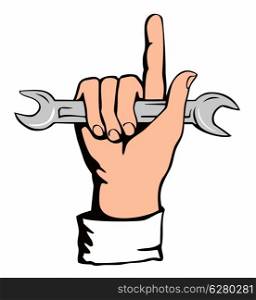 Illustration of a hand holding a spanner wrench done in retro style.