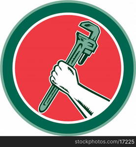 Illustration of a hand holding an adjustable monkey wrench set inside circle on isolated background done in retro woodcut style.