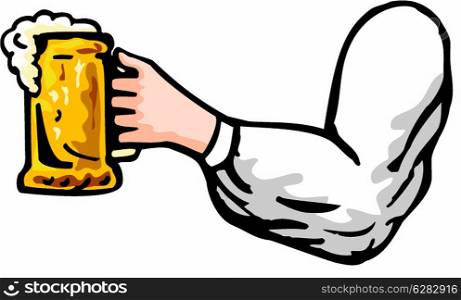 illustration of a hand holding beer mug viewed from side on isolated background. hand holding beer mug viewed from side