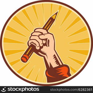 illustration of a Hand holding pencil with sunburst set inside an oval. Hand holding pencil with sunburst