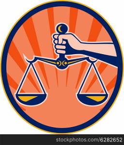 illustration of a Hand holding scales of justice set inside an oval with sunburst in the background.. Hand holding scales of justice