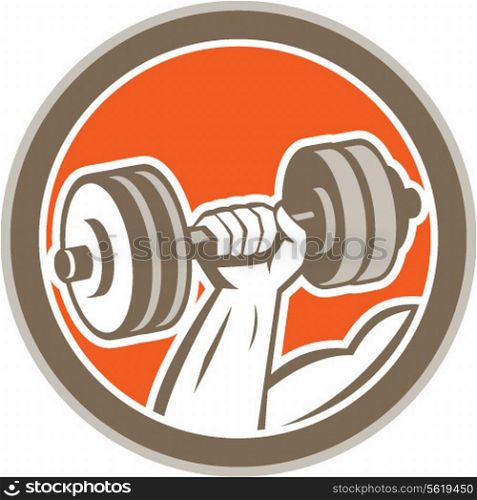 Illustration of a hand lifting dumbbell weight training set inside circle on isolated background done in retro style.. Hand Lifting Dumbbell Circle Retro
