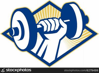 Illustration of a hand lifting dumbbell weight training set inside diamond done in retro style.. Hand Lifting Dumbbell Retro