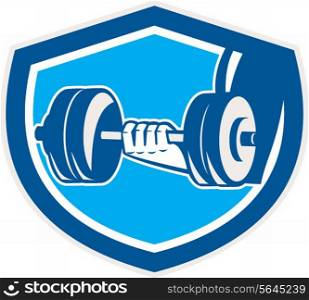 Illustration of a hand lifting dumbbell weight training set inside shield crest done in retro style.. Hand Lifting Dumbbell Shield Retro
