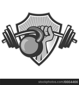 Illustration of a hand lifting weights barbell kettlebell set inside shield crest done in black and white grayscale retro style.. Hand Lifting Barbell Kettlebell Crest Grayscale