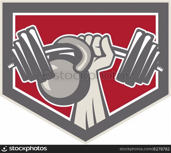 Illustration of a hand lifting weights barbell kettlebell viewed from front set inside shield crest on isolated background done in retro style.. Hand Lifting Barbell and Kettlebell Shield