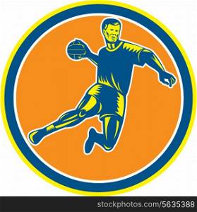 Illustration of a handball player jumping throwing ball scoring set inside circle on isolated background done in retro woodcut style. Handball Player Jumping Throwing Ball Circle Woodcut