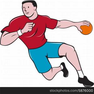 Illustration of a handball player throwing ball viewed from front set on isolated white background done in cartoon style. . Handball Player Throwing Ball Cartoon