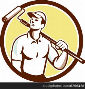Illustration of a handyman house painter holding paint roller on shoulder set inside circle on isolated background done in retro style. . Handyman House Painter Paint Roller Circle Retro