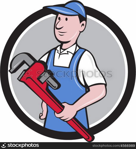 Illustration of a handyman wearing hat looking to the side holding pipe wrench viewed from front set inside circle on isolated background done in cartoon style. . Handyman Holding Pipe Wrench Circle Cartoon